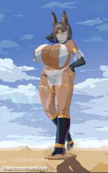 1girls animated beeeeeenandayo black_hair blue_eyes breasts cleavage dark-skinned_female dark_skin desert female female_focus female_only giant giantess hand_on_hip hyper hyper_breasts jackal_ears large_breasts loincloth oc panties pixel_animation pixel_art river see-through_loincloth swaying_breasts tagme underwear video walking