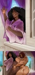 black_female dark-skinned_female huge_ass huge_breasts light-skinned_futa magicmoonsarts nude nude_futa original_character purple_shirt queen sex voluptuous_female voluptuous_futa