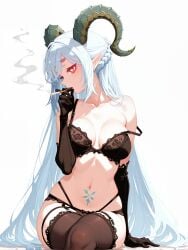 ai_generated arm_support bare_shoulders black_bra black_gloves black_horns black_panties black_thighhighs blue_hair bra braid breast_tattoo breasts bright_pupils brown_thighhighs cigarette cleavage collarbone crossed_legs crown_braid curled_horns demon_horns elbow_gloves fate/grand_order feet_out_of_frame female french_braid gloomproject gloves grey_hair hand_up heart-shaped_pupils highleg highleg_panties holding holding_cigarette horns invisible_chair lace-trimmed_bra lace-trimmed_panties lace_trim large_breasts lingerie long_hair looking_at_viewer medium_breasts multi-strapped_panties navel off_shoulder panties pink_eyes pointy_ears pubic_tattoo red_eyes reward_available self_upload short_eyebrows sidelocks simple_background sitting skindentation smoke smoking solo stomach stomach_tattoo strap_slip string_panties symbol-shaped_pupils tattoo thick_eyebrows thighhighs thighs tiamat_(fate) underwear underwear_only very_long_hair white_background white_hair x-shaped_pupils