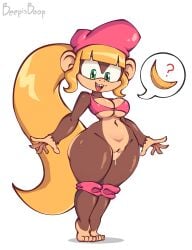 banana beepisboop blonde_female blonde_hair bottomless dixie_kong donkey_kong_(series) donkey_kong_country donkey_kong_country_2 dripping dripping_pussy exposed_pussy female fur furry furry_female green_eyes haplorhine high_resolution highres kong looking_at_viewer monkey monkey_girl nintendo no_panties no_pants ponytail primate pussy pussy_juice pussy_juice_drip rareware shortstack solo solo_female solo_focus speech_bubble wet wet_pussy