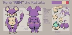 2025 3_toes 4_fingers anthro anthrofied anus ass balls big_butt border buckteeth chastity_cage chastity_device chest_tuft countershade_face countershade_fur countershade_torso countershading english_text erection fan_character feet feral fingers front_view full-length_portrait fur generation_1_pokemon genitals glans grey_background grey_border hi_res humanoid_genitalia humanoid_penis long_tail male model_sheet multicolored_body multicolored_fur navel nintendo nipples nude nude_anthro penis pokemon pokemon_(species) portrait pubes purple_body purple_fur raised_tail rattata rear_view red_eyes round_ears shinyluvdisc simple_background snout solo tail teeth text thick_thighs toes tuft two_tone_body two_tone_fur whiskers