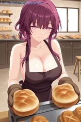 1girl 1girls ai_generated alternate_costume apron baking bare_arms bare_shoulders black_apron boobs_focus bread breasts breasts_focus brown_apron cleavage closed_mouth collarbone commentary_request female female_focus female_only food gloves holding holding_food honkai:_star_rail honkai_(series) indoors kafka_(honkai:_star_rail) kitchen large_breasts long_hair looking_at_viewer naked_apron oven_mitts purple_eyes purple_hair shop sidelocks smile solo window zelanell