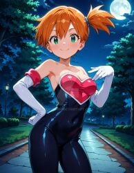 2025 4kids_entertainment ai_generated anime blue_hairband cosplay cosplayer deviantart elryusam forest green_eyes kasumi_(pokemon) meta nintendo not_porn orange_cheeks orange_hair pokemon rouge_the_bat rouge_the_bat_(cosplay) sega sonic_(series) sonic_the_hedgehog_(series) white_gloves white_handwear