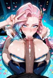1boy :>= ai_generated areola_slip bangs bare_shoulders blue_eyes blue_hair blush breasts cleavage clothing confetti cum cum_in_mouth detached_sleeves earrings erection eyeshadow fellatio female female forehead hair_ornament heart heart-shaped_pupils huge_breasts huge_cock indoors jennieart02 jewelry large_breasts large_penis league_of_legends long_hair looking_at_viewer looking_up makeup male male_pov mascara multicolored_hair nipples nose_blush oral patreon patreon_logo patreon_username penis pink_hair pubic_hair riot_games saliva semen seraphine_(league_of_legends) solo_focus straight sweat thighhighs twitter twitter_username v veins veiny_penis watermark
