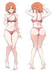 1girls ass big_ass blush dakimakura dakimakura_design eiyuu_densetsu female holding_object looking_back noel_seeker on_bed on_stomach pink_bra pink_panties presenting_ass red_hair roswell-ss short_hair smile the_legend_of_heroes underwear