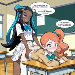 1futa 1girl1futa 1girls ai_generated bent_over bent_over_desk bent_over_table classroom clenched_teeth comic dark-skinned_female dark-skinned_futanari dark_skin dialogue dickgirl forced forced_sex futa_on_female futanari futos9669 interracial nessa_(pokemon) pokemon pokemon_sm punishment rape raped request school school_uniform schoolgirl sonia_(pokemon) tears text text_bubble