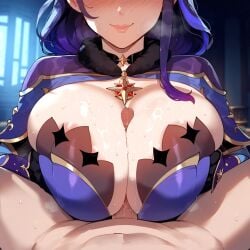 1boy 1girls ai_generated areolae bangs between_breasts black_gloves blush braid braided_ponytail breast_press breasts breasts_squeezed_together choker cleavage closed_mouth clothed_female clothed_female_nude_male clothing curvaceous curvaceous_female curvaceous_figure curvy curvy_figure erection female female female_focus fur_trim genshin_impact gloves hair_ornament hoyoverse huge_breasts indoors jewelry large_breasts light-skinned_female long_hair male male_pov miyuai mole mole_under_eye mona_(genshin_impact) mona_(genshin_impact)_(cosplay) nipples paizuri penis precum purple_hair raiden_shogun semen semen_on_body semen_on_breasts semen_on_chest semen_on_upper_body smile solo_focus straight sweat voluptuous voluptuous_female