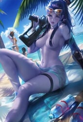 3girls alternate_costume artist_name ass bikini black_hair blizzard_entertainment blue_sky bottle bracelet breasts cleavage cloud cote_d'azur_widowmaker criss-cross_halter crop_top d.va day earrings female female_only floral_print from_behind gun hair_covering_breasts halter_top halterneck headset high_resolution holding holding_gun holding_weapon hoop_earrings jewelry leg_strap long_hair looking_at_viewer medium_breasts multiple_girls nail_polish navel orange_shirt outdoors overwatch palm_tree patreon_username purple_eyes purple_hair red_nails sakimichan sand sarong shadow shirt short_hair signature silver-framed_eyewear sitting sky spiky_hair standing sunlight swimsuit tracer tree very_high_resolution video_game video_games water_bottle watermark weapon web_address widowmaker