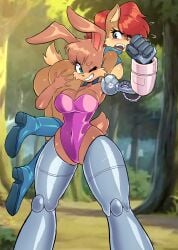 2024 5_fingers absurd_res anthro archie_comics blue_boots blue_clothing blue_eyes blue_footwear blue_topwear blue_vest boots breasts brown_hair bunnie_rabbot carrying_another chipmunk cleavage clothed clothing cybernetics duo eyebrows eyelashes female fingers footwear green_eyes ground_squirrel hand_on_butt hi_res jamoart lagomorph leotard leporid looking_back machine mammal one_eye_closed open_mouth plant purple_clothing purple_leotard rabbit rodent sally_acorn sciurid scut_tail sega short_hair short_tail side_boob smile sonic_(series) sonic_the_hedgehog_(archie) sonic_the_hedgehog_(comics) sonic_the_hedgehog_(series) tail topwear tree vest wink