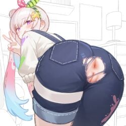 :q absurdres airani_iofifteen airani_iofifteen_(1st_costume) anus ass ass_focus blue_overalls blush female gradient_hair hair_bun hair_ornament hair_ribbon highres hololive hololive_indonesia hololive_indonesia_area_15 long_hair looking_at_viewer merrytail multicolored_hair overalls paint_splatter pink_hair purple_eyes pussy ribbon shirt solo tongue tongue_out torn_clothes torn_overalls uncensored v virtual_youtuber