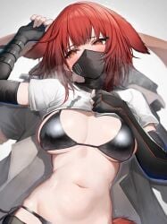 2025 arknights averting_eyes bikini black_gloves black_hair blush breasts closed_mouth clothes_lift coat crownslayer_(arknights) elbow_gloves embarrassed female fingerless_gloves gloves gradient_hair grey_coat groin heavy_breathing hi_res hyena_ears hyena_girl hyena_tail large_breasts lifting_own_clothes long_hair lying mask multicolored_hair navel on_back red_eyes red_hair shiny_clothes shiny_skin shirt shirt_lift short_sleeves slit_pupils solo stomach swimsuit tab_head unworn_coat white_shirt