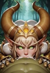 ahe_gao ai_generated alexstrasza alternate_costume balls_deep blizzard_entertainment cum_in_mouth cum_in_throat day deepthroat eyes_rolling_back female forest green-skinned_male green_eyes green_skin horns light-skinned_female light_skin male male/female muscular muscular_male oral oral_sex orc orc_(warcraft) orc_male outdoors pointy_ears tiara white_bodysuit world_of_warcraft