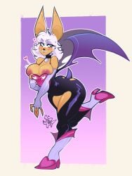 anthro areola armor armwear ass bat bat_wings big_breasts big_butt big_ears bite biting_lip biting_own_lip black_bodysuit black_clothing black_nose black_skinsuit blush bodysuit boots breastplate breasts clothing collar eyelashes eyeshadow female flashing flashing_breasts footwear front_view fur green_eyes heart hi_res knee_boots knee_highs legwear looking_at_viewer makeup mammal membrane_(anatomy) membranous_wings nipples on_one_leg pink_areola pink_nipples purple_background purple_eyeshadow purple_wings rouge_the_bat sega self_bite shoes simple_background skinsuit smile solo sonic_(series) sonic_the_hedgehog_(series) standing thick_thighs tight_clothing tokoboo white_armwear white_background white_body white_boots white_clothing white_footwear white_fur white_hair wide_hips wings yellow_body yellow_fur