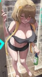 anis_(nikke) bare_shoulders barefoot black_shorts blush breasts brown_hair cleavage collarbone crossed_bangs female goddess_of_victory:_nikke hair_ornament hairclip highres holding large_breasts looking_at_viewer navel open_mouth short_hair short_shorts shorts silvertsuki solo standing steam thighs tile_floor tiles water wet yellow_eyes