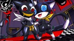 absurd_res anthro anus ass atlus barely_visible_anus belt beta_morgana_(persona) black_body black_fur black_tail blue_eyes blush bodily_fluids bubble_butt bulge clothing dipstick_tail domestic_cat dripping duo felid feline felis foreskin fur gameplay_mechanics genital_fluids genitals glistening glistening_body gloves_(marking) gold_thong heart_symbol hearts_around_head hi_res hypnosis ichimoral kerchief latex latex_body latex_suit leaking_precum leg_markings male male/male mammal markings mask megami_tensei megami_tensei_persona mind_control monster morgana_(persona) penis persona_(series) persona_5 precum precum_drip presenting_bulge red_eyes sega shiny_bulge short short_male short_stack socks_(marking) spiral_eyes sweat sweaty_body tail tail_markings teasing thong tuxedo_cat underwear white_body white_fur zipper zipper_mouth