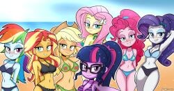 applejack_(eg) beach bikini equestria_girls fluttershy_(eg) friendship_is_magic javisuzumiya multiple_girls my_little_pony pinkie_pie_(eg) rainbow_dash_(eg) rarity_(eg) sunset_shimmer twilight_sparkle_(eg)