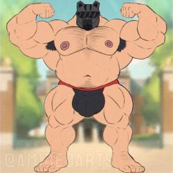 1boy age_progression bara barazoku belly biceps bodysuit daddy dawson_jett fanganronpa fat_male gear hairy hairy_armpits hairy_chest helmet jockstrap male male_only mask masked masked_male muscle_growth musclegut nipples pecs project:_eden's_garden weight_gain