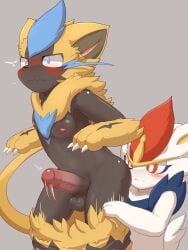 2025 anthro ass assisted_exposure balls black_balls black_penis blue_body blue_eyes blue_fur blush bottomwear bottomwear_down censored cinderace claws clothed clothing duo emanata erection foreskin fur generation_7_pokemon generation_8_pokemon genitals glans hi_res humanoid_genitalia humanoid_penis legendary_pokemon looking_at_another nintendo nipples pants pants_down partially_clothed penis pink_foreskin pink_glans pink_penis pokemon pokemon_(species) popkage pupils red_eyes tail white_arms white_body white_ears white_fingers white_fur white_hands white_pupils white_tail zeraora