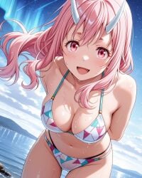 2025 ai_generated beach belly bikini instagram looking_at_viewer meta nose open_mouth pekoillust pink_cheeks pink_eyebrows pink_eyes pink_hair pink_hair_female shuna_(tensei_shitara_slime_datta_ken) smile_at_viewer smiling_at_viewer tensei_shitara_slime_datta_ken tummy wet_bikini wet_body wet_skin white_horns