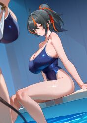 2girls absurdres ahoge alternate_costume black_hair blue_one-piece_swimsuit breasts closed_mouth competition_swimsuit hair_ribbon high_ponytail highres jane_doe_(zenless_zone_zero) large_breasts looking_at_viewer mouse_tail multicolored_hair multiple_girls one-piece_swimsuit ponytail pool red_eyes red_hair ribbon sideboob sitting soaking_feet streaked_hair swimsuit tail thighs water wet yueyueyue_yao zenless_zone_zero zhu_yuan