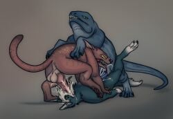 angry angry_sex animal_genitalia anthro anus balls biped bodily_fluids claws cum cum_in_mouth cum_inside cum_while_penetrated digitigrade drooling dumbass_(eppicgamer) feral forced genital_fluids genitals group knot leaking_cum leaning_on_another lizard lying male male/male mammal markings monster narrowed_eyes oral oral_penetration pawpads penetration penis quadruped raised_leg relaxed_expression reptile saliva scalie sex skulldog_(species) standing_on_another striped_markings stripes sump_roach tail tail_markings teeth tongue tongue_out trio zoophilia
