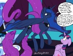 2015 alicorn blue_fur blue_hair consensual_tentacles cutie_mark dialogue duo english_text equine feathered_wings feathers female feral friendship_is_magic fur hair horn long_hair mammal messysketch multicolored_hair my_little_pony princess_luna_(mlp) purple_fur tentacle text twilight_sparkle_(mlp) wide_eyed wings