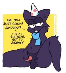 2d_animation animated anthro balls belly birthday bodily_fluids clip_studio_paint_(artwork) clothing dialogue digital_media_(artwork) domestic_cat felid feline felis frame_by_frame fur genitals hat headgear headwear joe_(thatguynamedjoe) male male_only mammal masturbation mostly_nude party_hat penile penile_masturbation penis pink_penis purple_body purple_fur scarf scarf_only simple_background small_penis solo spread_legs spreading sweat sweatdrop thatguynamedjoe toony