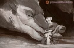 2025 animal_genitalia anthro back_wings ball_lick balls black_sclera bodily_fluids dragon duo extreme_size_difference fully_sheathed genitals hi_res killioma kneeling licking licking_another lizard macro male male/male monochrome mythological_creature mythological_scalie mythology oral patreon patreon_logo pupils reptile saliva saliva_string scalie sex sheath size_difference slit_pupils text tongue tongue_out url wings