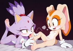 aged_up ai_generated blaze_the_cat blush cream_the_rabbit cute foot_fetish foot_play foot_worship half-closed_eyes licking_foot pussy small_breasts smiling_at_partner sonic_(series) sonic_the_hedgehog_(series) yuri