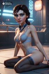 1girls ai_generated artist_name bioshock bioshock_infinite black_thighhighs blue_bra blue_eyes bra breasts brown_hair cleavage elizabeth_comstock female hi_res lingerie lips long_hair looking_at_viewer low_ponytail medium_breasts mole mole_on_breast navel nose panties r34arts sitting solo thighhighs underwear underwear_only white_bra