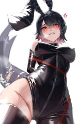 alternate_costume anger_vein animal_ears black_gloves black_hair black_leotard blush breasts clenched_teeth colored_inner_hair covered_navel cowboy_shot earrings elbow_gloves ellen_joe female fins fish_tail gloves hair_between_eyes hair_ornament hairclip highres jewelry large_breasts leotard looking_at_viewer looking_down mole mole_under_eye multicolored_hair playboy_bunny rabbit_ears red_eyes red_hair reo_no_suke shark_girl shark_tail short_hair sidelocks simple_background solo sweatdrop tail tama_yura77 teeth thighs two-tone_hair white_background zenless_zone_zero
