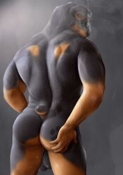 2017 5_fingers anthro ass balls biped black_balls black_fur black_nose black_tail brown_eyes brown_fur brown_tail butt_markings canine cigarette digital_media_(artwork) floppy_ears fur grey_background hand_on_ass hi_res humanoid_hands killianwalker looking_at_viewer looking_back male male_only mammal markings multicolored_fur multicolored_tail nude pawprint pinup portrait pose rear_view rennin rottweiler sagging_balls short_tail simple_background small_tail smoke smoking snout solo standing three-quarter_portrait two_tone_fur two_tone_tail