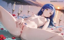 ai_generated anus blue_hair bokutachi_wa_benkyou_ga_dekinai color colored cute cute_face cute_girl female flowers furuhashi_fumino_(bokuben) girl hell-pantsu hi_res nipples petals pubic_hair pussy small_breasts yellow_eyes