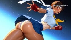 ai_generated arched_back ass ass_focus blue_sailor_collar blush breasts brown_eyes brown_hair female fingerless_gloves from_side gloves headband huge_ass kasugano_sakura looking_at_viewer looking_back meitabuu nail_polish open_mouth sailor_collar school_uniform serafuku short_hair skindentation skirt small_breasts solo street_fighter street_fighter_zero_(series) tanlines thick_thighs thighs tight_clothes twisted_torso white_headband wide_hips