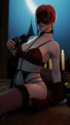 3d bra breasts cd_projekt_red drinking female freckles light-skinned_female lingerie looking_at_viewer mascara mask masked_female night nipples_visible_through_clothing red_bra red_hair solo solo_female stockings the_witcher_(series) the_witcher_3:_wild_hunt thong triss_merigold wishmaster