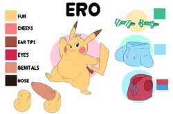 animal_genitalia anthro balls bow_tie close-up clothing color_swatch english_text erection ero_(character) eroborus featureless_crotch flat_colors fully_sheathed hoodie male mammal model_sheet nintendo nude one_eye_closed overweight penis pikachu pokémon_(species) pokemon rodent sheath smile solo standing tapering_penis text vein veiny_penis vest video_games waving wink yellow_balls