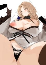1girls 2boys absurd_res black_gloves black_panties black_thighhighs blonde_hair blush breasts brown_eyes censored censored_penis choker covered_navel double_handjob dress goddess_of_victory:_nikke grdrawww hair_ornament handjob huge_breasts inverted_nipples lace-trimmed_panties lace_trim large_areolae long_hair ludmilla_(nikke) ludmilla_(winter_owner)_(nikke) multiple_boys nipples off_shoulder official_alternate_costume one_breast_out panties penis simple_background sitting thighhighs underwear white_background white_dress