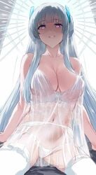 1girls artist_request big_breasts blue_archive headgear highleg lingerie negligee noa_(blue_archive) panties purple_eyes see-through_clothing silver_hair stockings white_lingerie