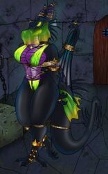 angry anthro armwear big_breasts bondage bondage bound breasts captured claws clothing dark_room disney domestic_pig door dragon dungeon european_mythology face_veil female gag gagged glowing glowing_eyes glowing_mouth glowing_nose goblin goons harem harem_jewelry harem_outfit hi_res horn humiliation jewelry kidnapping legwear lovemummification maleficent maleficent_(disney) mammal metal mythological_creature mythological_scalie mythology restraints rope rope_bondage rope_gag rope_harness scalie sleeping_beauty_(1959) solo stone_wall suid suine sus_(pig) thick_thighs translucent translucent_wings wall_(structure) western_dragon wings