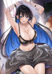 1girls armpits arms_up black_bra black_hair blue_eyes blue_hair blush bra breasts cleavage colored_inner_hair grey_skirt hair_ornament highres houkago_wa_kenka_saikyou_no_gyaru_ni_tsurekomareru_seikatsu kakao_(chocolate_land) large_breasts long_hair looking_at_viewer momozono_haruno multicolored_hair navel official_art open_mouth raised_eyebrows second-party_source shirt sitting skirt smile solo striped_clothes striped_skirt two-tone_hair underwear undressing vertical-striped_clothes vertical-striped_skirt white_shirt