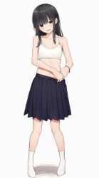 1girls :d akipeko ankle_socks bare_arms bare_shoulders black_hair black_skirt brown_eyes collarbone commentary crop_top flat_chest full_body head_tilt highres long_hair looking_at_viewer midriff navel no_shoes open_mouth original pleated_skirt shirt sidelocks simple_background skirt sleeveless sleeveless_shirt smile socks solo standing undershirt white_background white_shirt white_socks