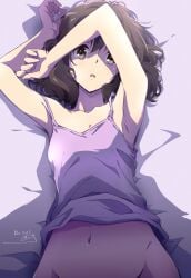 armpits artist_name breasts brown_eyes brown_hair camisole collarbone dated female fingernails grey_eyes groin hibike!_euphonium highres looking_at_viewer lying navel nii_manabu on_back on_bed open_mouth oumae_kumiko out-of-frame_censoring purple_camisole shadow short_hair signature sleeveless small_breasts solo stomach tank_top white_tank_top