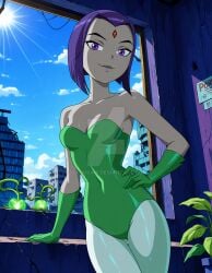 2025 ai_generated batman_(series) black_eyebrows cartoon_network cosplay cosplayer dc dc_super_hero_girls dcau deviantart elryusam forehead_jewel grey_body grey_skin grinning_at_viewer jewel_on_forehead looking_at_viewer meta not_porn poison_ivy poison_ivy_(cosplay) purple_eyes purple_hair_female raven_(teen_titans) smile_at_viewer smiling_at_viewer teen_titans