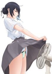 1girls black_hair closed_eyes clothes_lift commentary_request electric_fan fanning_crotch food green_panties grey_skirt idolmaster idolmaster_shiny_colors lifting_own_clothes morino_rinze mouth_hold panties pleated_skirt popsicle puriketsu_corgy satin satin_panties school_uniform shirt shirt_tucked_in short_sleeves simple_background skirt skirt_lift solo underwear white_background white_shirt wind