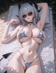 ai_generated areola_slip bikini breasts esendor female grey_hair horns huge_breasts looking_at_viewer panties_aside pussy red_eyes solo stable_diffusion sunbathing sunglasses wuthering_waves zani_(wuthering_waves)