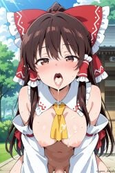 1futa absurd_res ai_generated ascot blush breasts brown_hair cum cum_in_mouth cum_on_breasts embarrassed futanari hair_tubes highres intersex long_hair long_sleeves looking_at_viewer medium_breasts medium_penis navel no_shirt penis reimu_hakurei reymoo_daisuki sidelocks touhou touhou_project wide_sleeves yellow_ascot