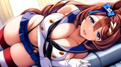 ai_generated animal_ears big_breasts blue_eyes braided_hair cosplay female horse_girl laying_down long_hair looking_at_viewer ribbon shimakaze_(kantai_collection)_(cosplay) super_creek_(umamusume) umamusume umamusume_pretty_derby