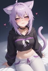 :3 ai_generated catgirl heart hexd hololive midriff nekomata_okayu purple_eyes purple_hair sitting smug thighs