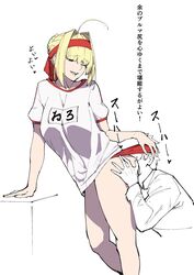 1boy ass ass_grab bloomers breasts buruma cunnilingus cunnilingus_through_clothes fate/grand_order fate_(series) female gym_uniform hand_on_head headband jikatarou medium_breasts moaning naughty_face nero_claudius_(fate) nero_claudius_(olympian_bloomers) orgasm panties_aside straight thighs zikataro