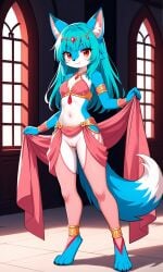 1girls 2025 ai_generated anthro blue_fur blue_hair canine dancer dancer_outfit digitigrade female female_only fox furry gold_jewelry hi_res indoors inner_ear_fluff innie_pussy jewelry long_hair mostly_clothed pussy red_eyes white_fur